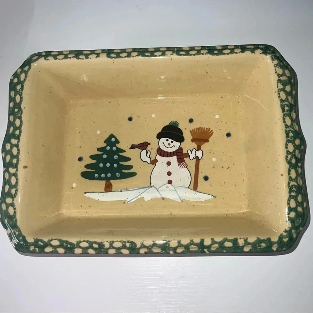 Vintage Casserole‎ Dish Country Snowman Stoneware Spongeware Bakeware